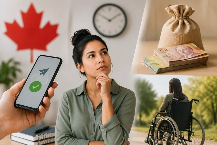 Collage of a hand holding a phone with a sent-payment tick, a woman looking at a wall clock under a Canadian flag, a money bag with banknotes and a person in a wheelchair outdoors
