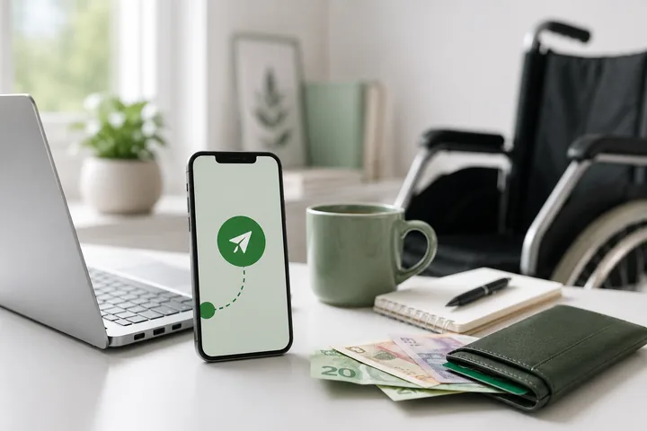 Laptop and a phone showing a green send icon on a desk with a mug, a notebook, a wallet and Canadian $20 bills, a wheelchair behind them