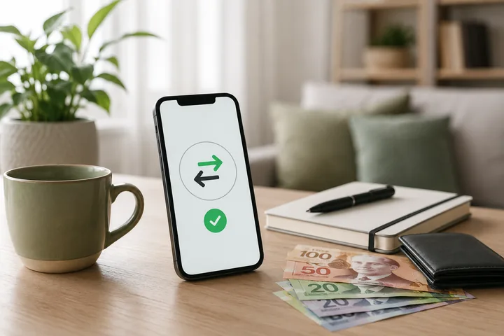 Phone showing green exchange arrows and a tick beside a mug, a notebook with a pen, a wallet and Canadian $100, $50 and $20 bills