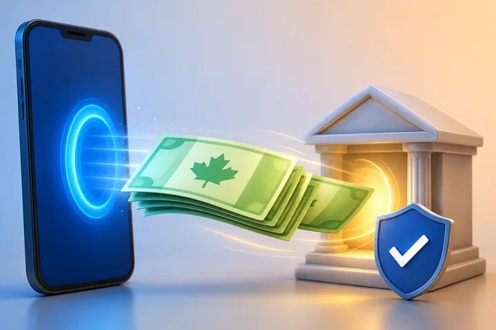 3D phone with a glowing portal sending green banknotes toward a bank building, with a blue shield and a tick in front