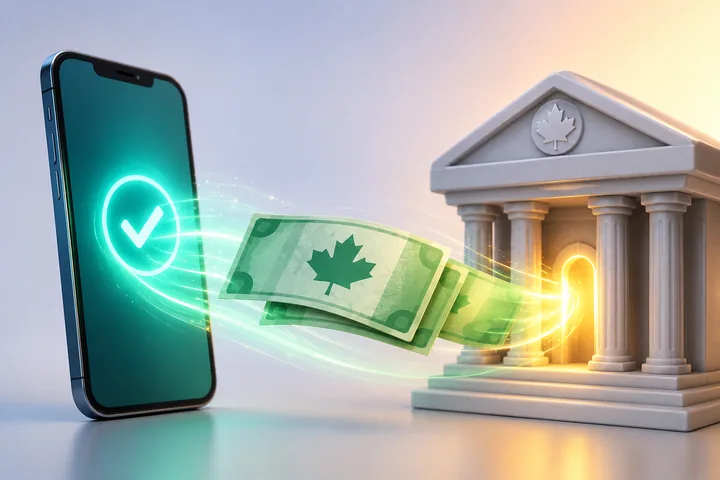 Phone with a green tick sending banknotes along a glowing trail into a bank building marked with a maple leaf