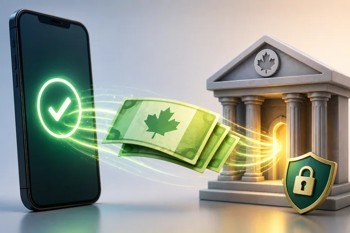 Dark phone with a green tick beaming banknotes into a bank building, with a green shield and a padlock beside it