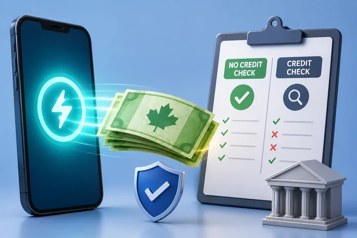 Phone with a lightning icon pushing green banknotes toward a clipboard comparing No credit check and Credit check columns, with a shield and a bank icon