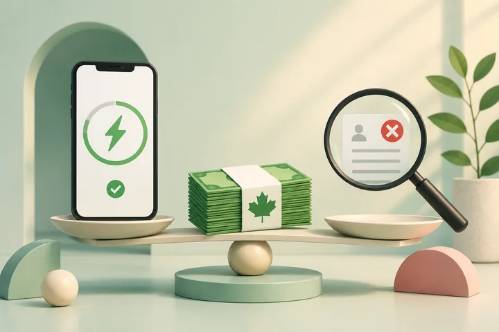 Balance scale with a phone showing a green lightning circle on one pan and a bundle of banknotes on the other, beside a magnifier over a rejected profile card