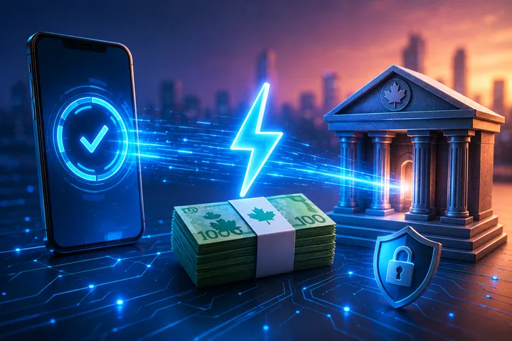 Phone with a tick beaming banknotes across a circuit-board night skyline toward a bank building with a padlock shield